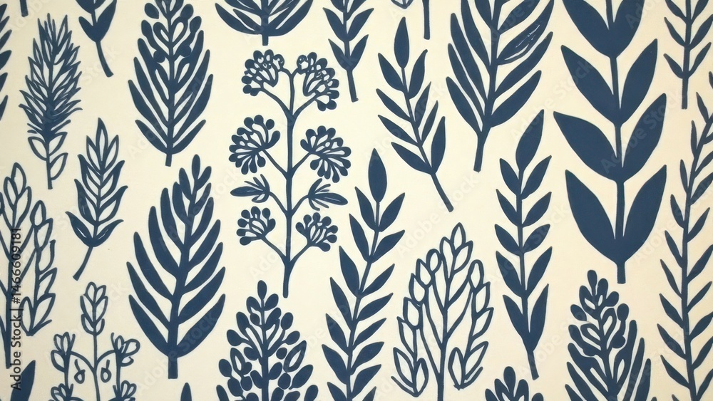 Fototapeta premium Blue botanical leaf pattern on cream background