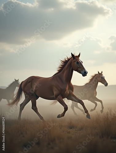 Wild Horses Galloping Through Mystical Mist on Open Plains Under Dramatic Sky Capturing Freedom and Adventure in Nature's Untamed Beauty Highlighting Serenity and Power of Majestic Animals
