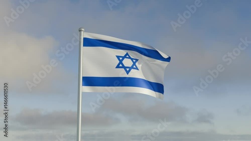 Israel flag flowing under heavy wind and rippled blue sky and cloud day sunlight movement motion for country nation state.
