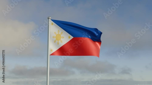 Philippine flag flowing under heavy wind and rippled blue sky and cloud day sunlight movement motion for country nation state.