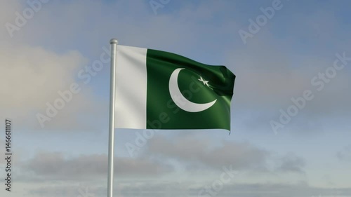 Pakistan middle east flag flowing under heavy wind and rippled blue sky and cloud day sunlight movement motion for country nation state.