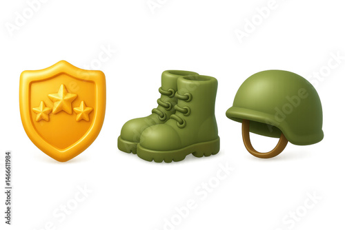 Military equipment set with shield, boots, and helmet