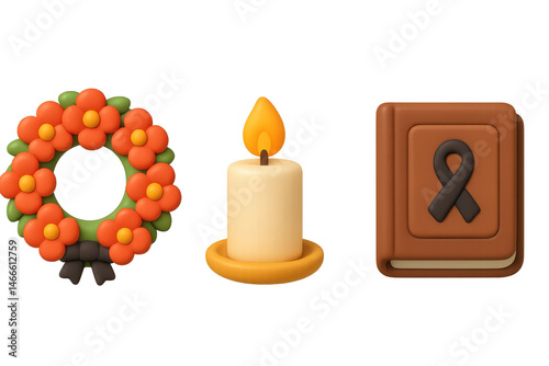 Memorial symbols: wreath, candle, book with ribbon for remembrance