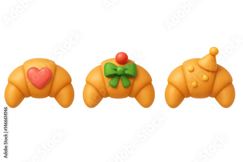 Festive croissants with heart, bow, and party hat decor