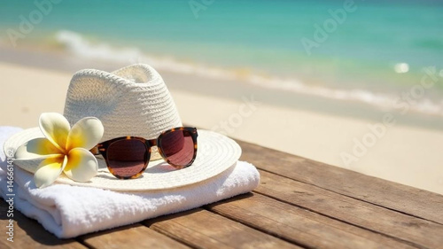 Summer vacation background. Hat, white towel and sunglasses on wooden plank near the sandy beach and sea. Text space