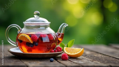 Delicious fruit tea in a glass teapot stand on wooden plank background. Text space