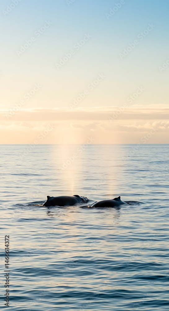 Fototapeta premium Whales diving into ocean during golden hour