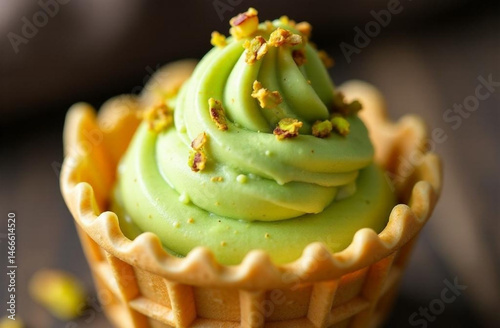 Pistachio ice cream in a waffle cup. Macro view, closeup