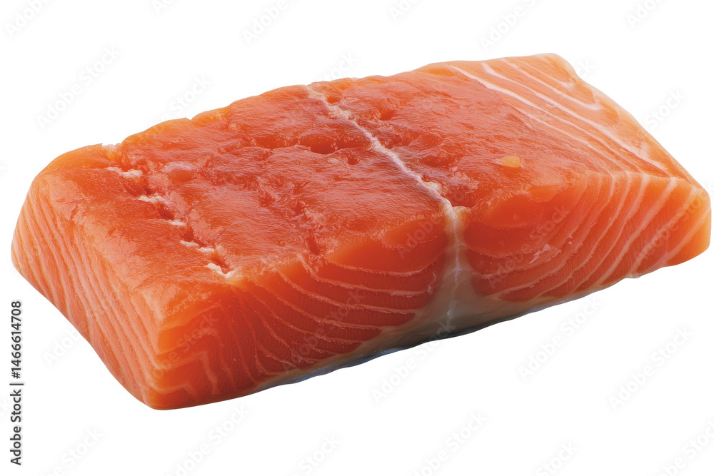 A raw cut of salmon on a isolated white background showcasing its vibrant color and texture A raw cut of salmon on a isolated white background showcasing its vibrant color and texture