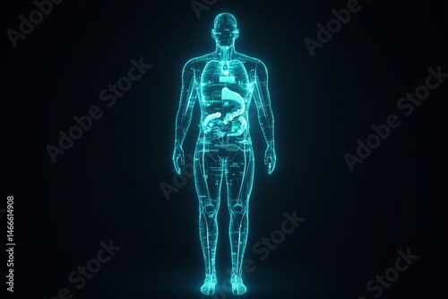 Futuristic glowing digital human body with highlighted internal organs on a dark background, concept of health technology and virtual diagnostics