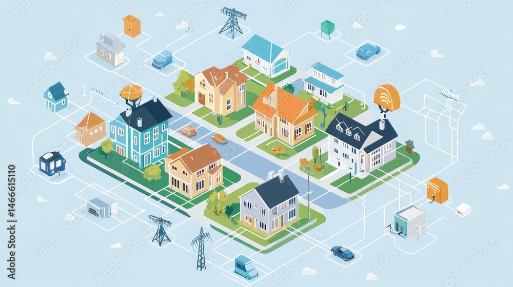 A vibrant illustration of a modern suburban network.