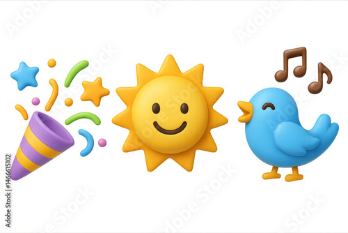 Cheerful sun, singing bird, and party popper emoji art