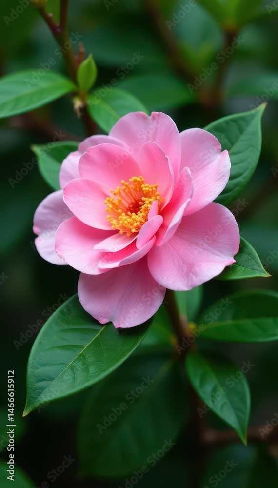 Delicate pink camellia, vibrant green foliage , petals, beauty Delicate pink camellia, vibrant green foliage , petals, beauty