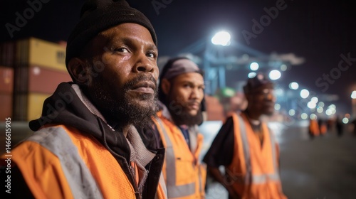 Group of workers wearing reflective safety vests at night in a shipping port with containers and cranes in the background photo