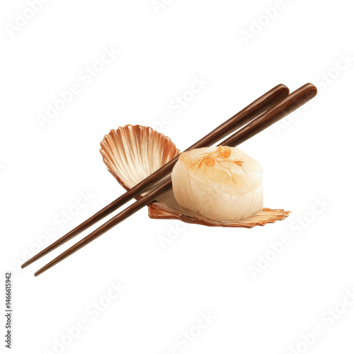 Gourmet Seared Scallop on Shell with Chopsticks