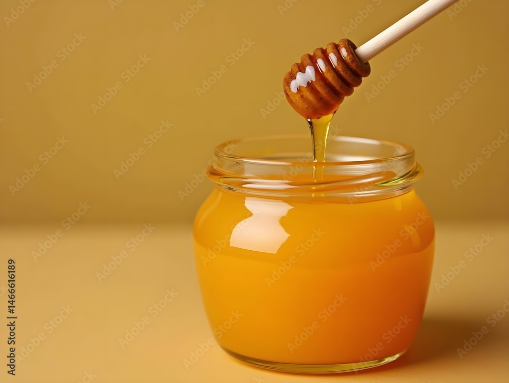 Organic honey jar with dipper dripping honey golden liquid sweet food Organic honey jar with dipper dripping honey golden liquid sweet food