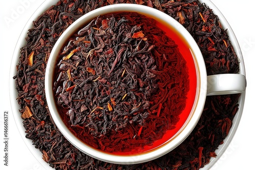 Rich, crimson hibiscus tea fills a white cup, surrounded by a vibrant scattering of dried hibiscus flowers. A warm, inviting beverage scene