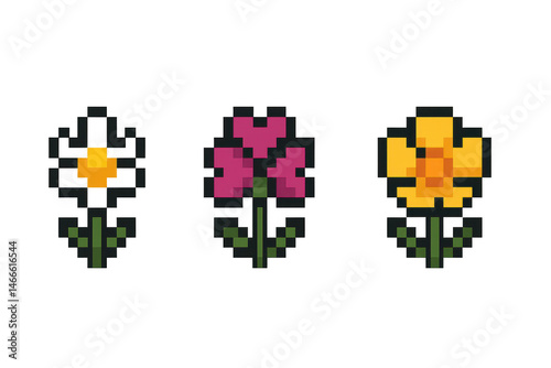 Retro pixel art flowers - yellow, pink, orange blooms on black background