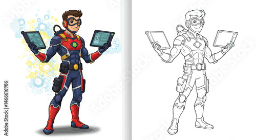 Tech Superhero: A stylized illustration of a tech-savvy hero, equipped with futuristic gadgets and a confident stance, ready to tackle any digital challenge. 