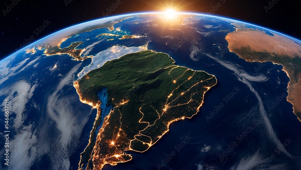 Fototapeta premium South america at sunrise viewed from space