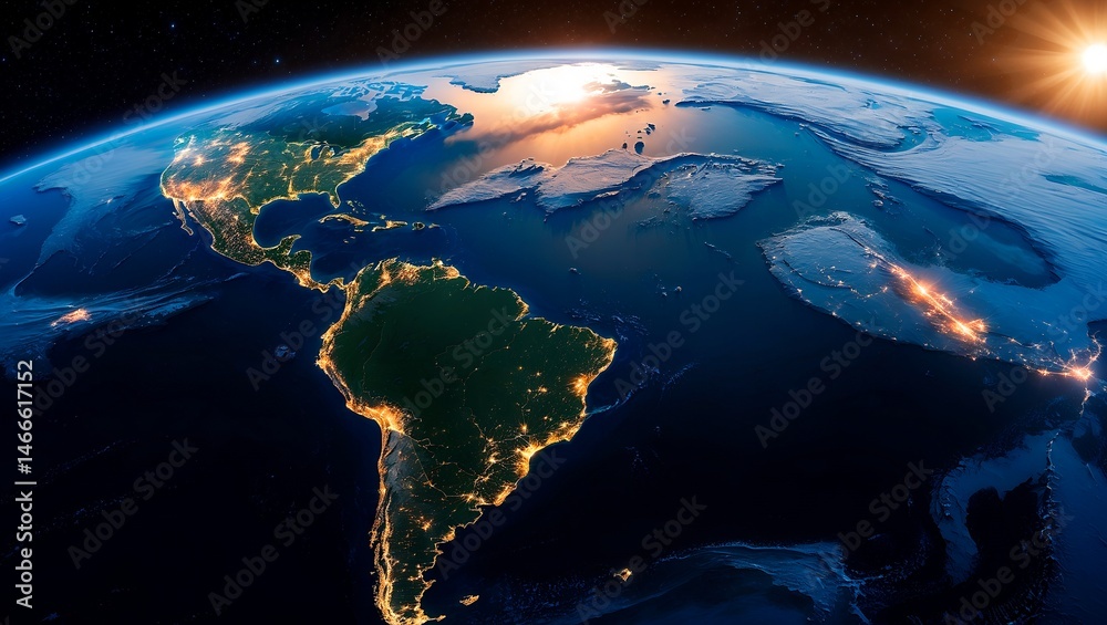 Fototapeta premium South america at sunrise aerial view from space