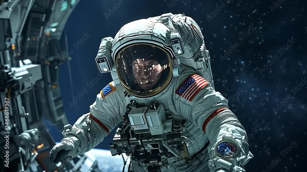 An astronaut in a white space suit with the national flag on the shoulder patches, floats against a backdrop of stars and a blue planet Earth in the background. Shot from a low angle, with a focus on An astronaut in a white space suit with the national flag on the shoulder patches, floats against a backdrop of stars and a blue planet Earth in the background. Shot from a low angle, with a focus on