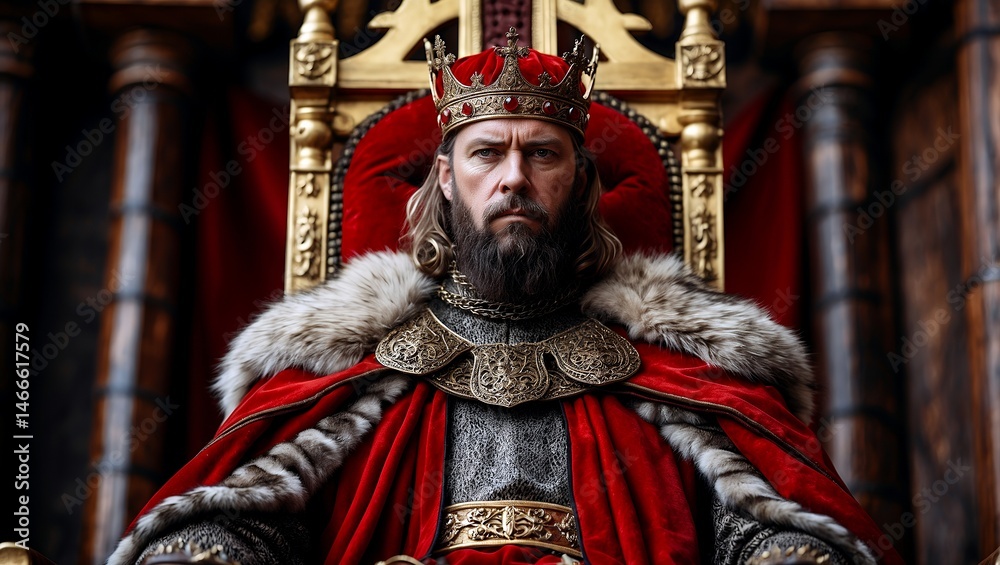 Obraz premium Stern medieval king on golden throne exuding authority