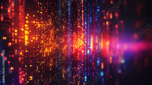 Digital matrix pattern with colorful light points on dark background, technology visualization concept for data analysis and information systems