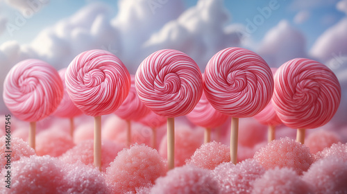 Lollipop candy arranged in row on pink sugar crystals, sweet dessert concept for confectionery and childhood treats
