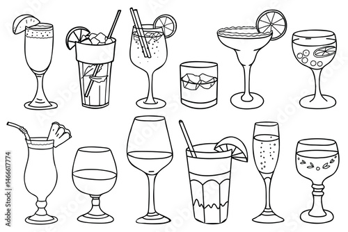 Alcoholic Drink set. Cocktails, Wine, Whiskey, Cognac. Hand drawn Vector illustration in Doodle style. For restaurant menus and graphic design projects.
