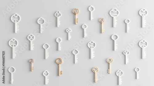 A collection of unique key designs, each with its own distinct shape and color.