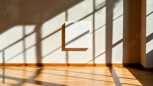 Modern minimalist studio with clean lines, a single white frame floating on textured beige wall, empty matte floor and soft, indirect sunlight