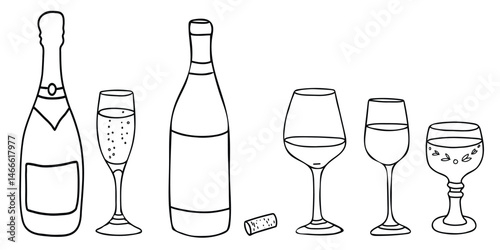 Wine Set. White and Red, Champagne or Sparkling Wine Glasses and Bottles. Hand drawn Vector illustration, line art, Doodle style. For Bar menu, logo, cards.