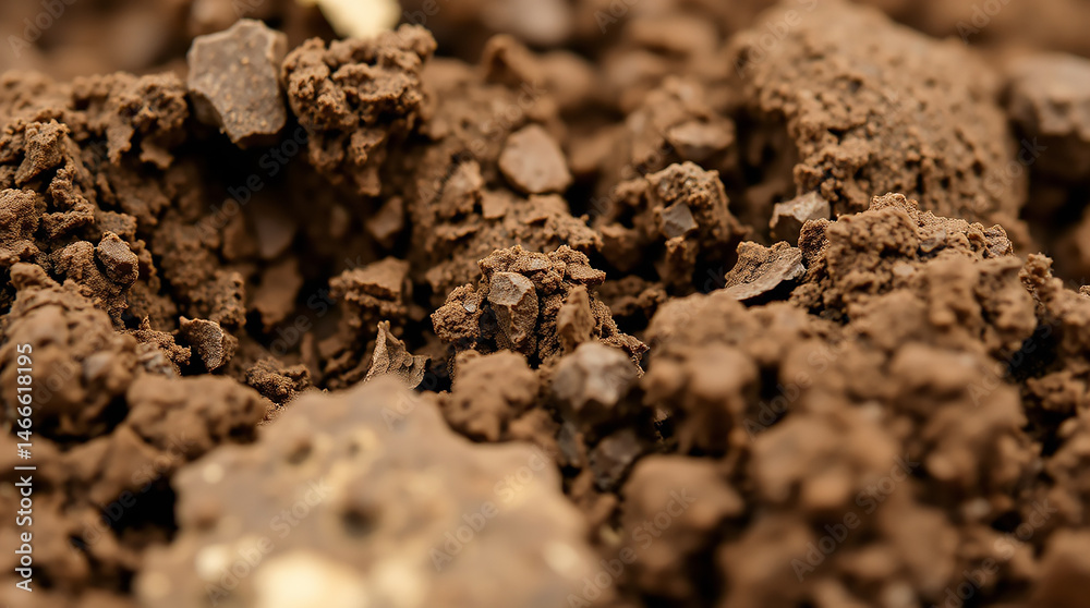 A detailed close-up of brown soil rich in texture, ideal for gardening, planting, agriculture, and landscaping uses, showing a textured composition for natural environmental projects.