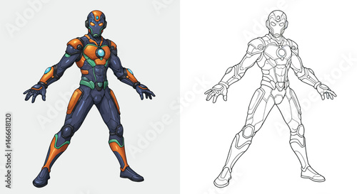 Heroic Silhouette: A modern graphic illustration portrays a futuristic superhero in dynamic color and line art, embodying strength and technological innovation, perfect for graphic design, comic.