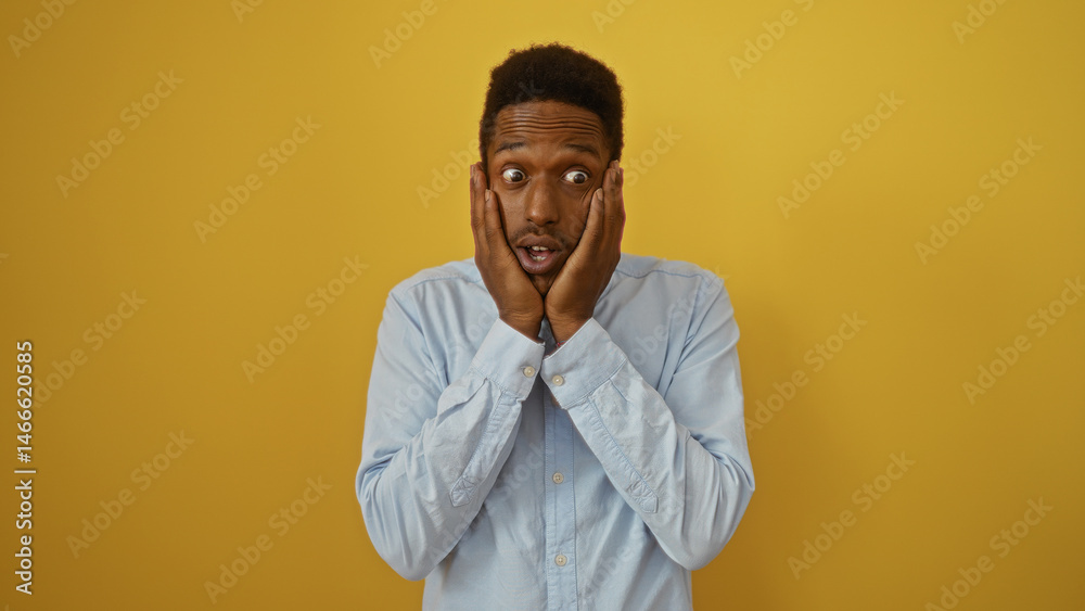 Fototapeta premium Young man with hands on face stands surprised against an isolated yellow background wearing a light blue shirt showcasing expressive emotions and appealing features