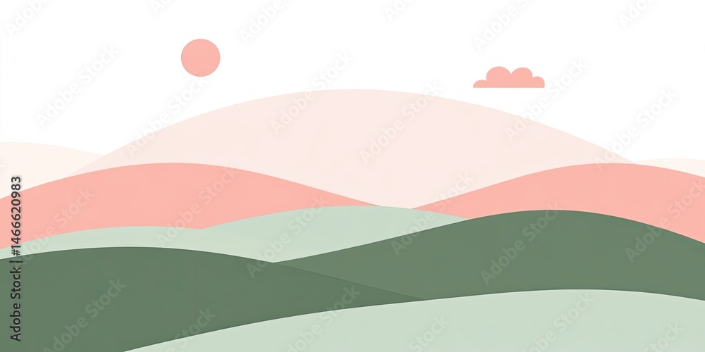 Obraz premium Pastel Hills Minimalist Mountain Landscape Illustration with Warm Sun.