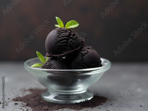 A scoop of black ice cream in a glass bowl