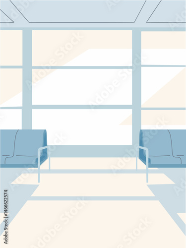 Minimal vector illustration of an empty airport terminal waiting area with modern blue seats and large panoramic windows. Clean flat design, bright daylight, travel concept background