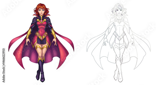 Heroine of Valor: Captivating illustration of a powerful female character with a majestic flowing cape, radiating strength and grace, ready to embark on an epic journey.
