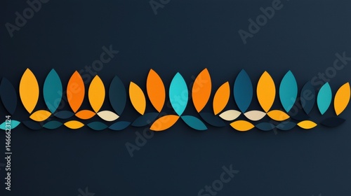 A collection of abstract shapes in orange, blue, and white, arranged in a symmetrical pattern against a dark blue background.