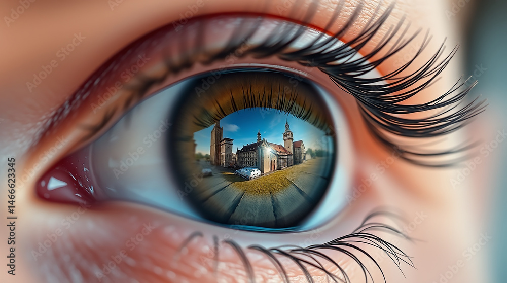 Macro Close-Up of Eye Reflecting a Scenic Historical Building Landscape