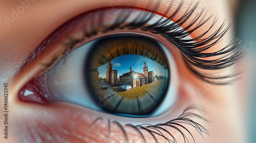 Obraz na płótnie Macro Close-Up of Eye Reflecting a Scenic Historical Building Landscape w salonie