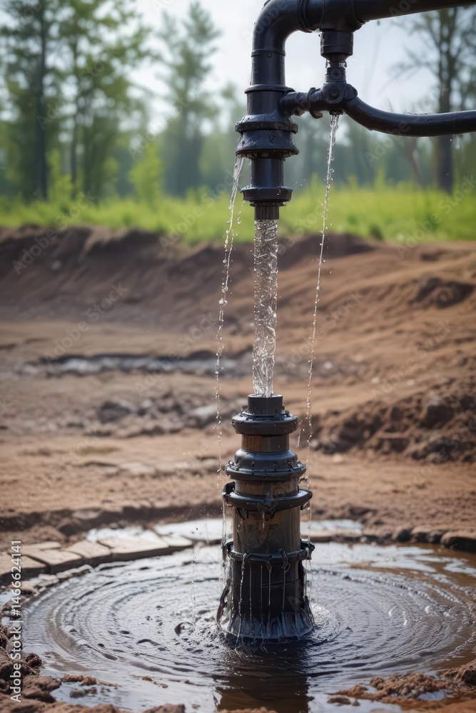 Naklejka premium Artesian well water gushing from drilled wellhead , water source, water, hydrogeology