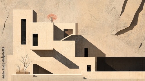 A minimalist architectural rendering of a building with a tree on its roof.