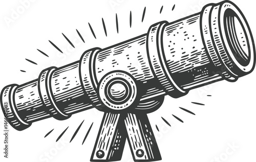 Antique engraved illustration of a telescope on a wooden tripod with mechanical details and shading for vintage astronomy or steampunk themes

