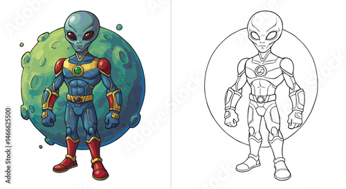 Alien Character: A detailed cartoon illustration showcasing a futuristic alien character, presented in both colored and line art versions, perfect for creative projects and design.