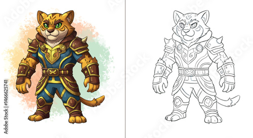 Fantasy Feline Warrior: A detailed illustration showcases a courageous feline warrior, exuding strength and valor with a vibrant color rendering. 