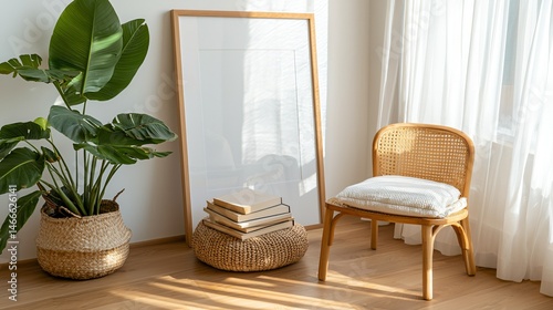 Creative boho nook with oversized white frame above stacked books, warm wooden floor, large indoor plants in baskets, morning sunlight through light curtains
