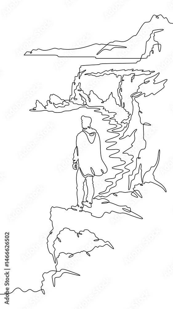 Continuous one line drawing a man stands on the top of a cliff. Seashore. Ocean bay. Steep cliffs. One continuous line isolated minimal vertical illustration.Not AI. Continuous one line drawing a man stands on the top of a cliff. Seashore. Ocean bay. Steep cliffs. One continuous line isolated minimal vertical illustration.Not AI.